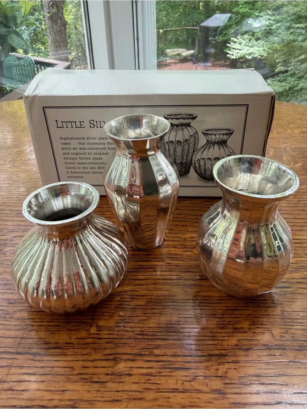 Restoration Hardware Silver Ribbed Vase Trio